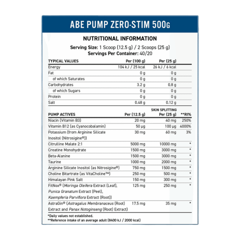 ABE Pump - Zero Stim Pre-Workout Facts Boost Fit