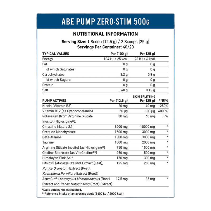 ABE Pump - Zero Stim Pre-Workout Facts Boost Fit