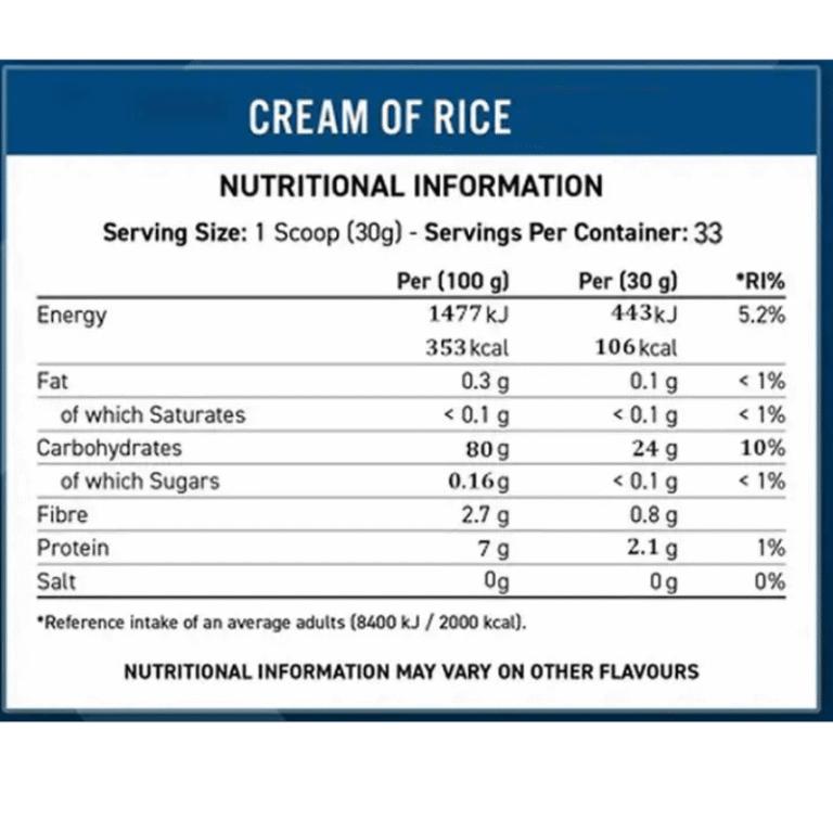 Applied Nutrition Cream Of Rice 1kg- 33 servings Facts Boost Fit