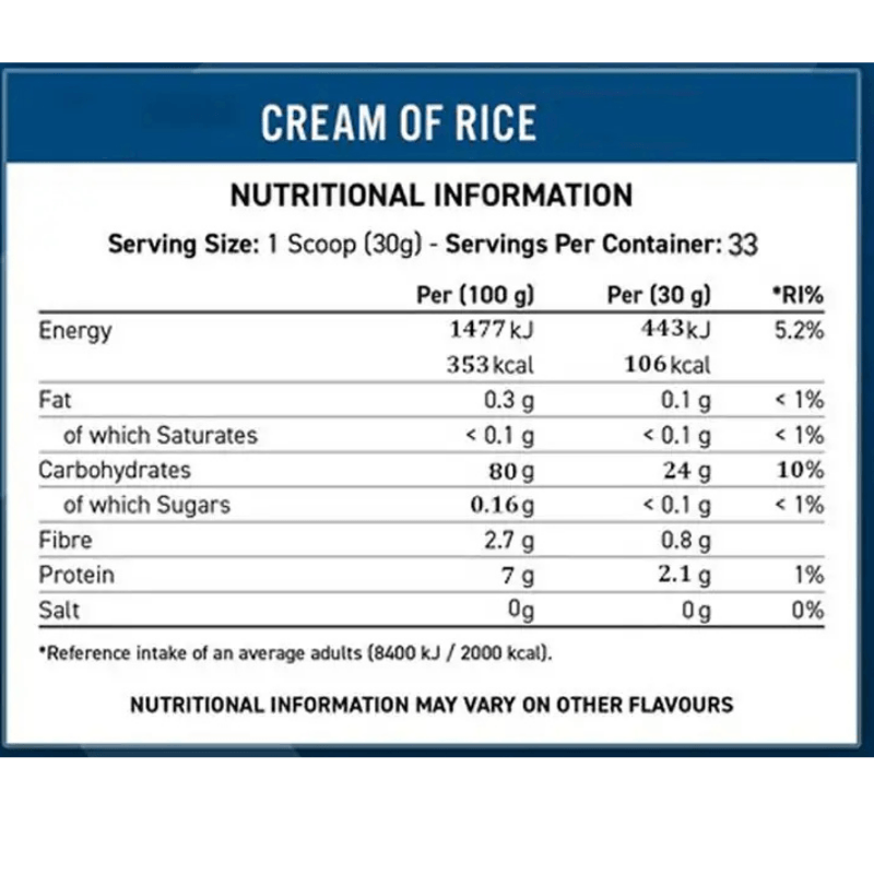 Applied Nutrition Cream Of Rice 1kg- 33 servings Facts Boost Fit