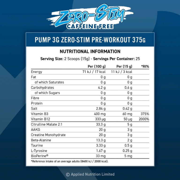 Applied Nutrition Pump 3G Zero Stim - Caffeine Free Pre-Workout Facts Boost Fit
