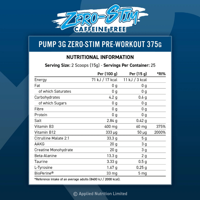 Applied Nutrition Pump 3G Zero Stim - Caffeine Free Pre-Workout Facts Boost Fit