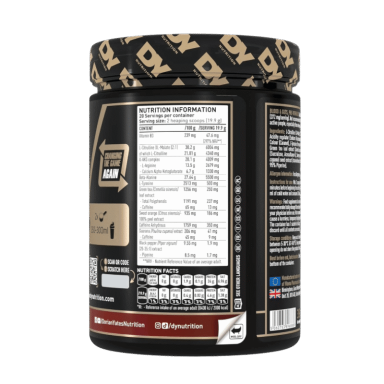 DY Nutrition Blood Guts Pre-workout, 20 servings Facts Boost Fit