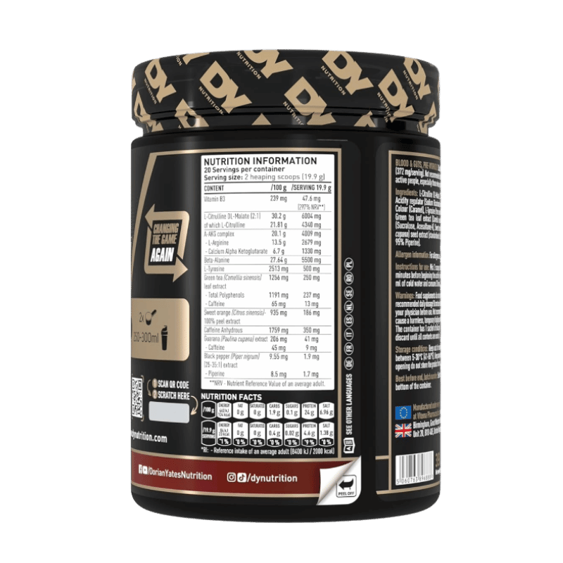 DY Nutrition Blood Guts Pre-workout, 20 servings Facts Boost Fit