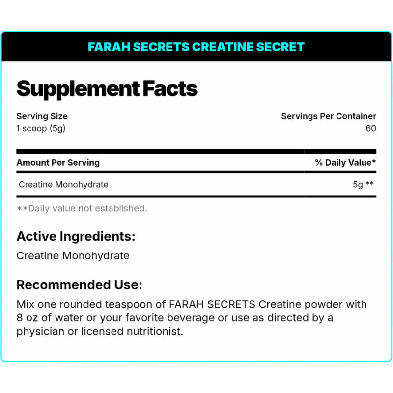 Farah Secret Creatine Monohydrate, 300gm, 60 servings Facts Boost Fit